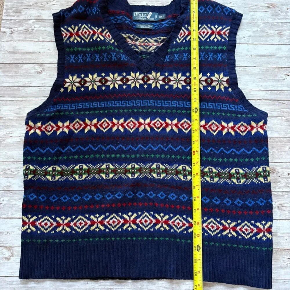 Polo by Ralph Lauren Navy V-Neck Sweater with Multicolor Pattern